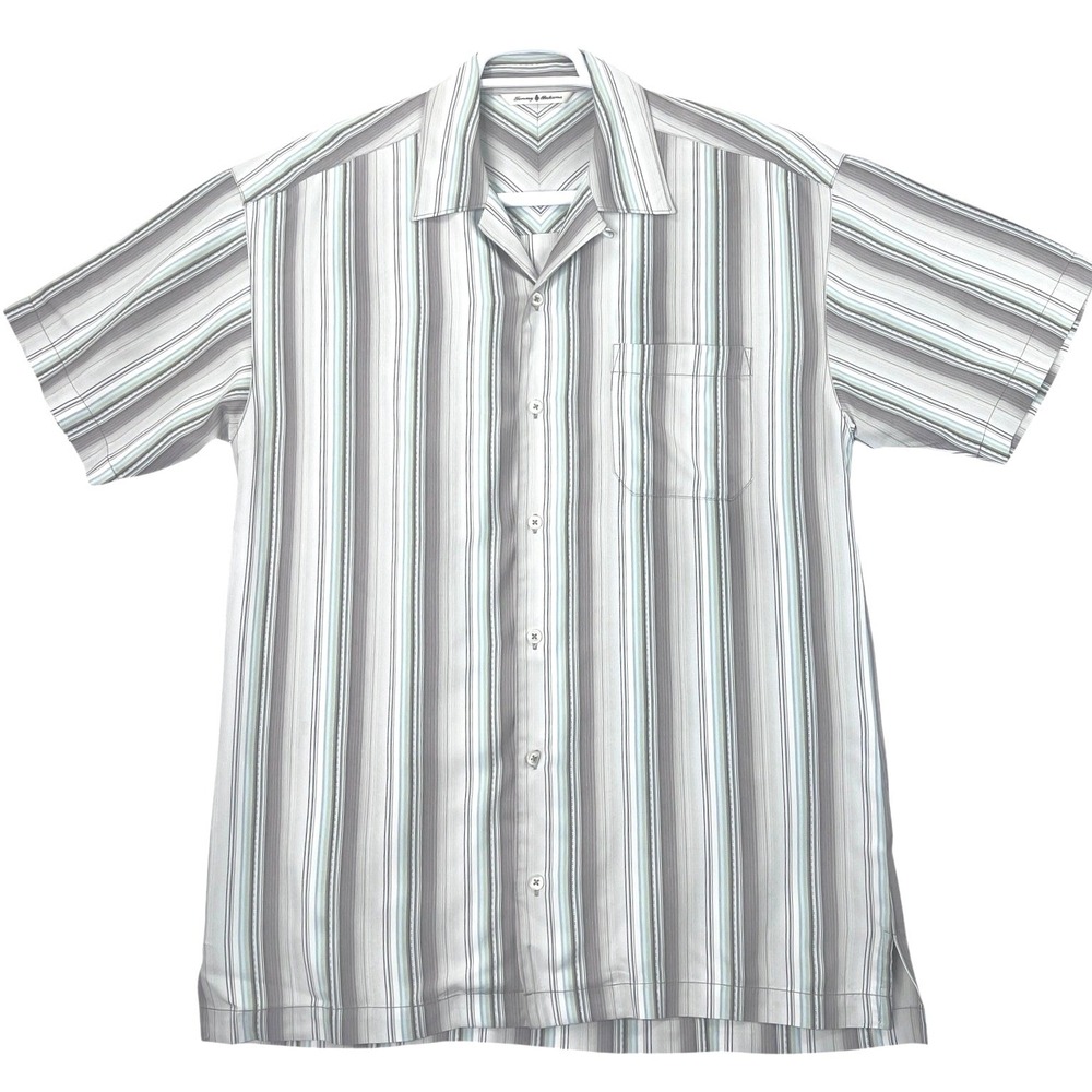 Tommy Bahama Camp Shirt Shirt Mens M Gray 100% Silk Striped‎ Short Sleeve